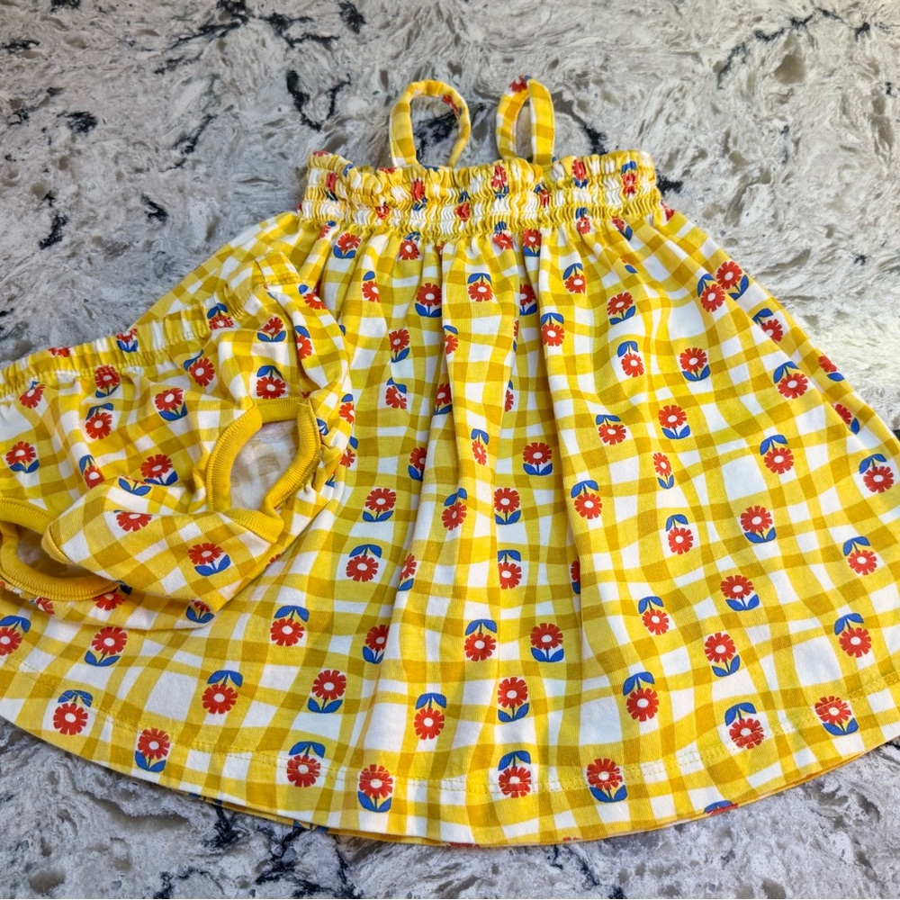Hanna Andersson Gold Gingham Floral Dress with Bloomers